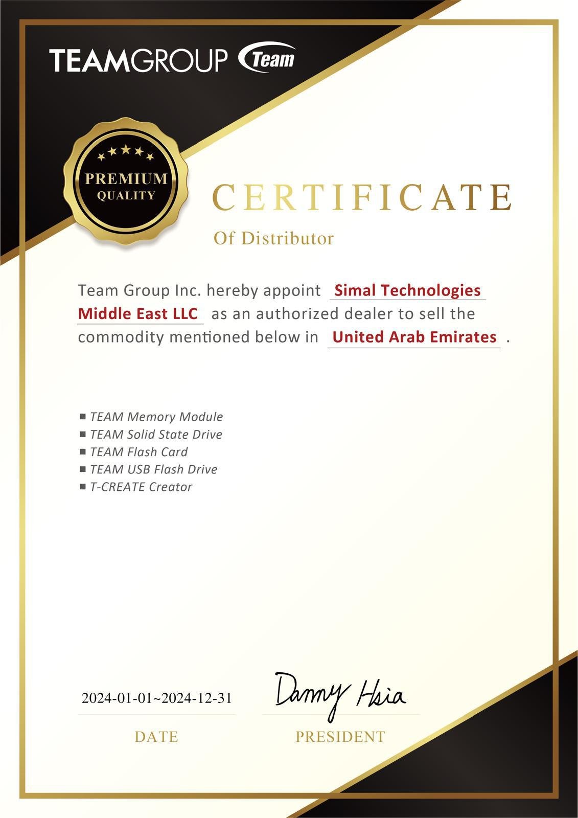 TeamGroup Distributor Official Certificate